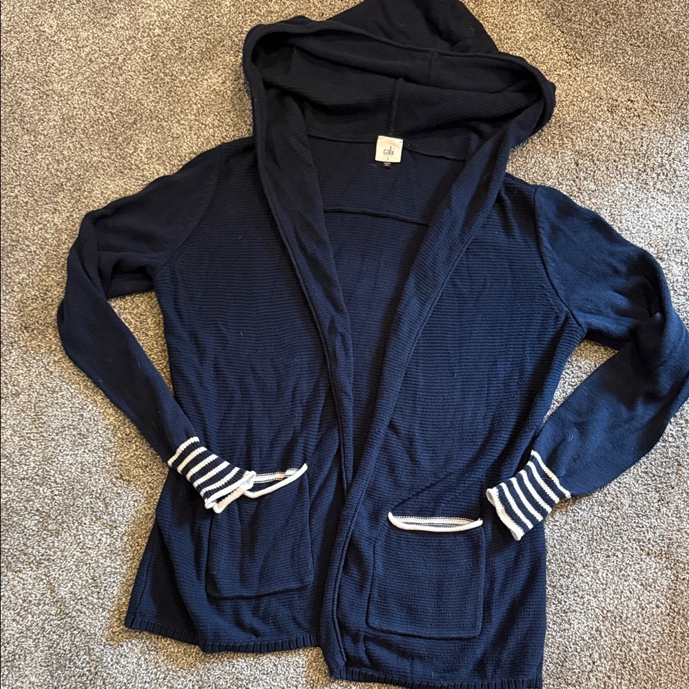 Cabi Navy Blue Hooded Sweater with Striped Accents
